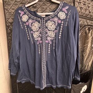 Alfred Dunner Navy Blue Blouse with Floral Embroidery